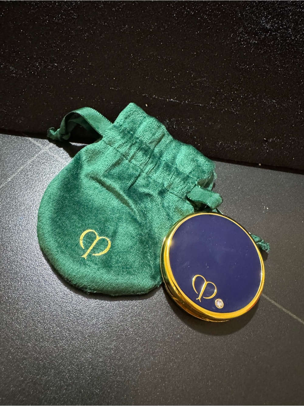 Clé de Peau Beauté Compact Mirror - Navy & Gold with Green Velvet Pouch